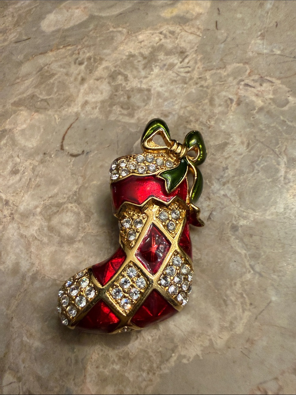 Vintage 1980s Monet enamel and rhinestone pave Christmas stocking brooch